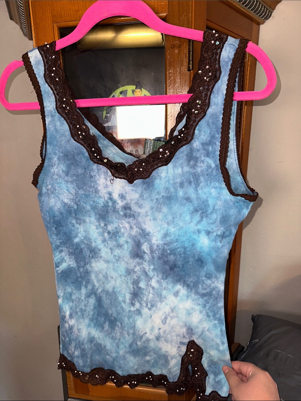 Blue Tie-Dye Lace-Trim Sleeveless Tank Top